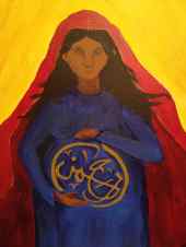 A painting by me, featuring the word, "rahman" in the womb of Mary, Mother of Jesus.