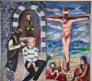 A powerful painting by artist Farid Jirjis depicting Frans' murder and Jesus' crucifixion.